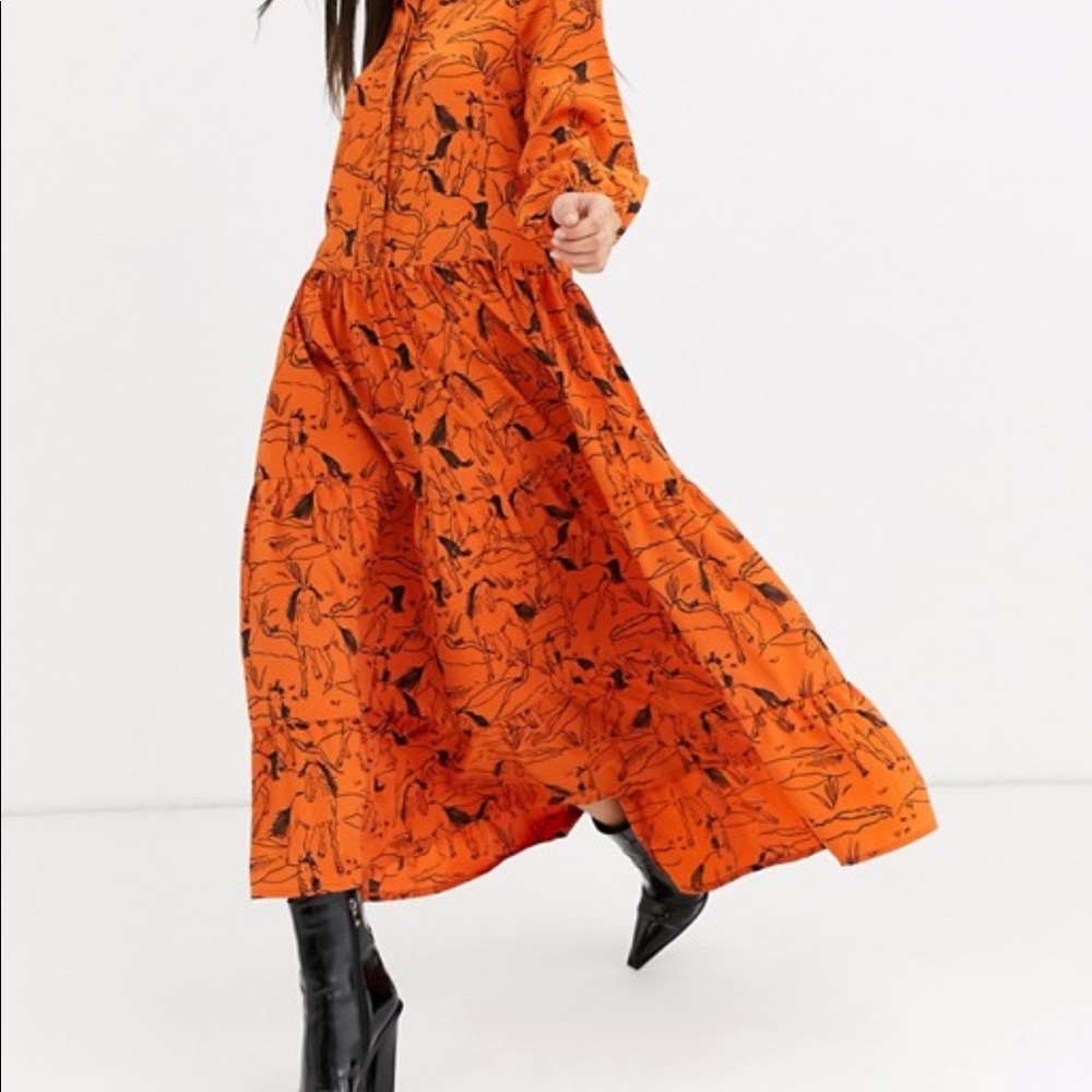 Orange Floral Midi Dress